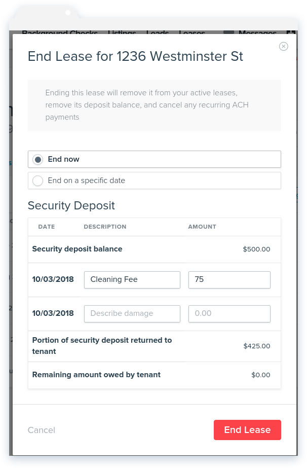 NowRenting End Lease Damage Fee