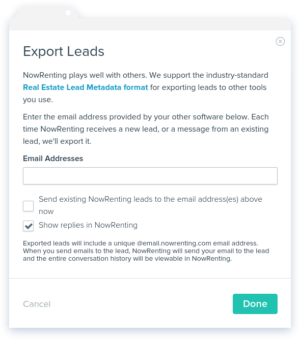 NowRenting -- Export Leads -- Window