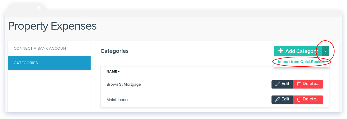 NowRenting -- Manage Categories -- Import from QuickBooks