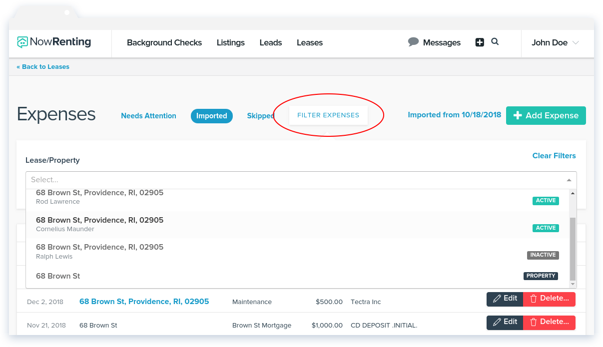 NowRenting -- Sync Expenses -- Filter