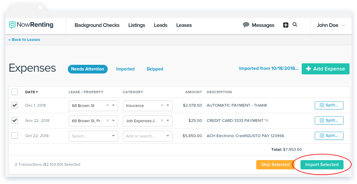 NowRenting -- Sync Expenses -- Import Selected