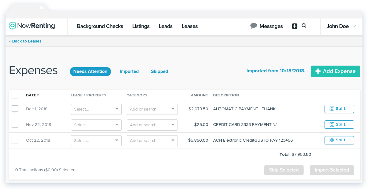 NowRenting -- Sync Expenses -- Needs Attention