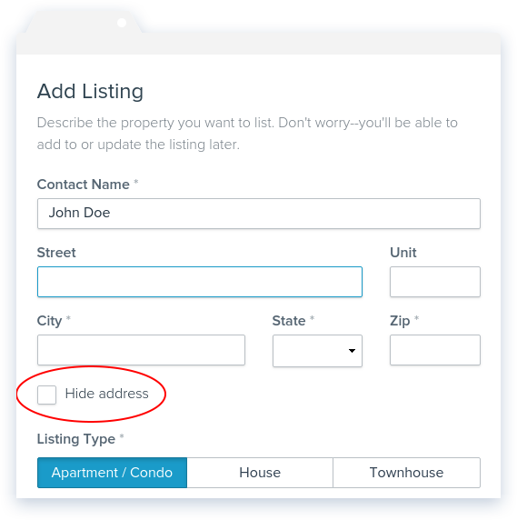 NowRenting Hide Address Checkbox