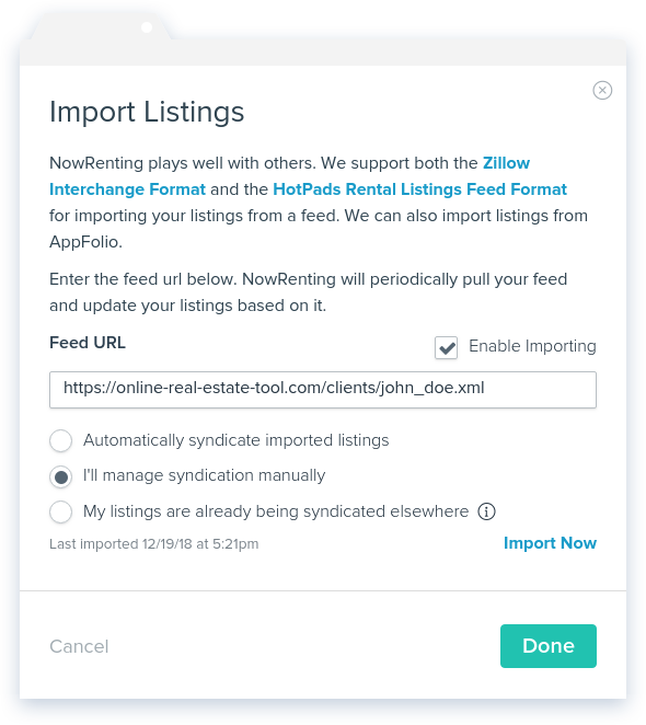 NowRenting: Import Listings Window